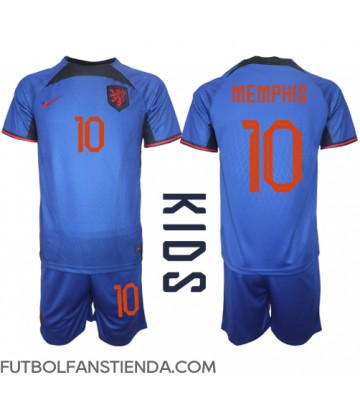 Países Bajos Memphis Depay #10 Segunda Equipación Niños Mundial 2022 Manga Corta (+ Pantalones cortos)
